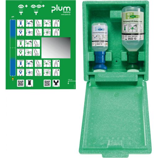 Wandbox mit 1 x 0,5 l Augenspüllösung und 1 x 0,2 l Augenspüllösung pH-neutral | Notfallduschen, Augenspülflaschen