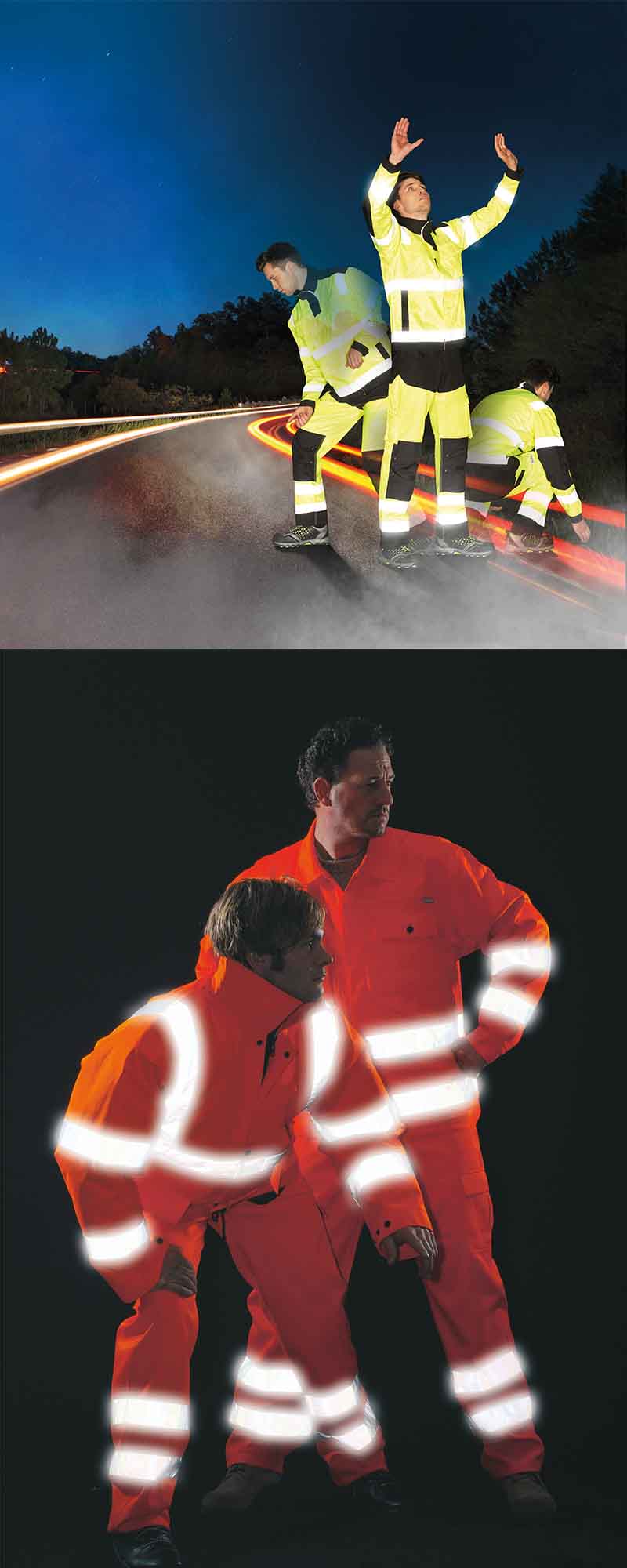 Zwei Bilder: Fünf Männer bei der Arbeit im Dunkeln oranger und gelber Warnschutzbekleidung
