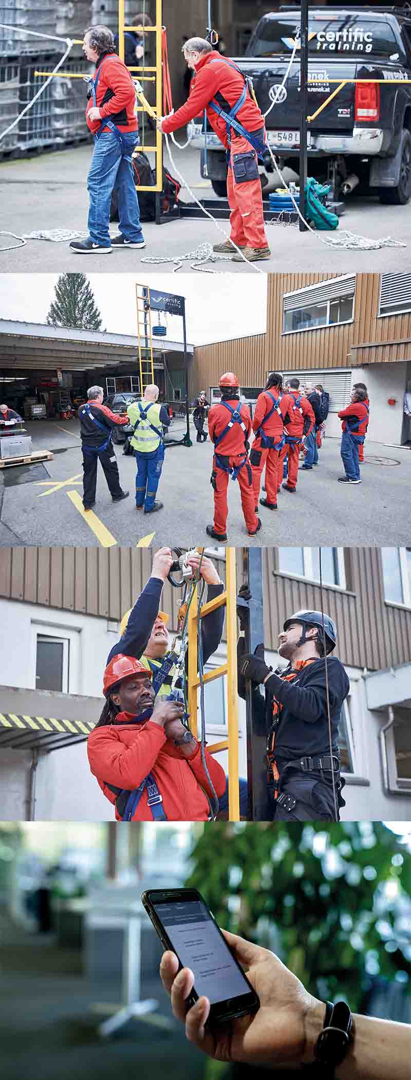 Vier Bilder vom Absturzsicherungs-Training an Klettergerüsten bei Belfor