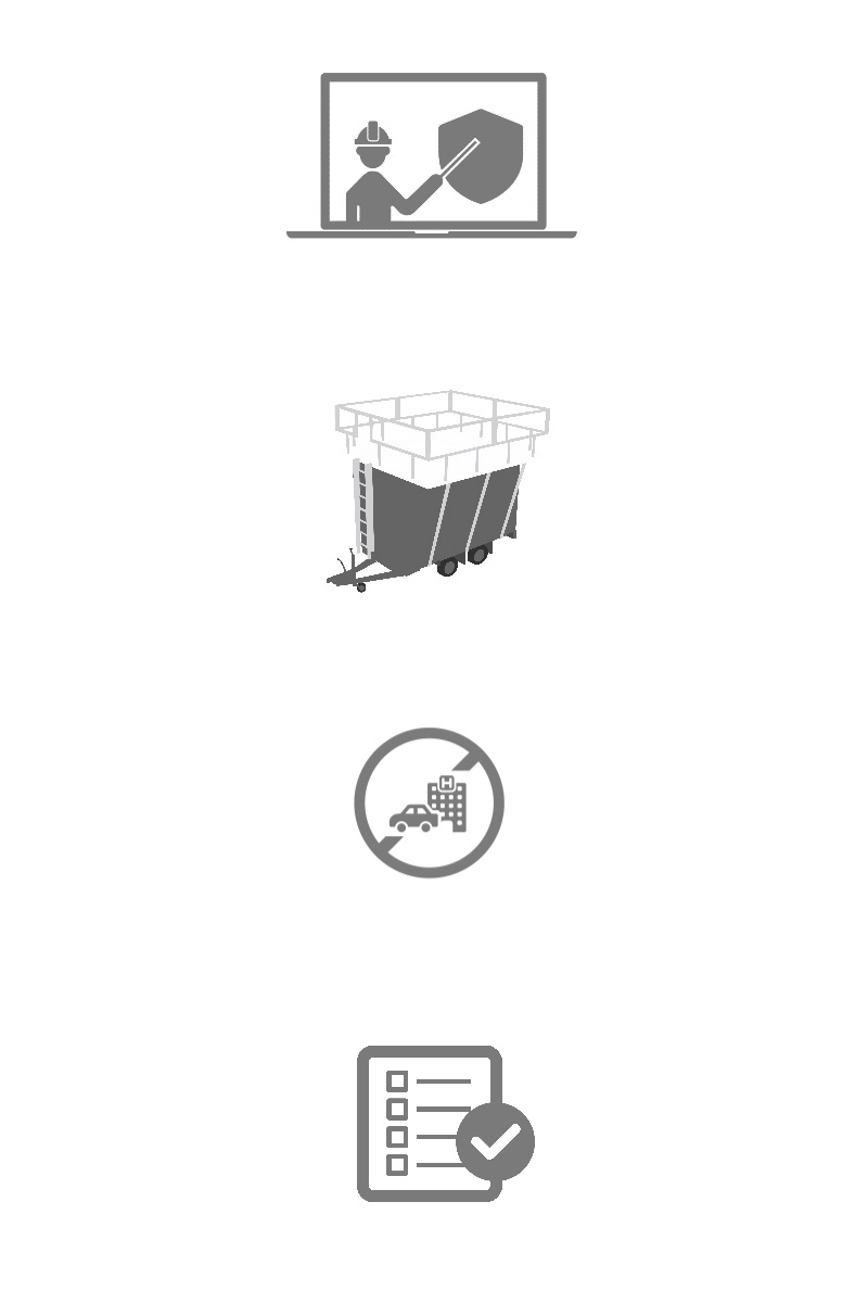 Vier Icons untereinander (Bildschirm mit erklärendem Bauarbeiter, mobile Trainingsanlage, Auto mit Gebäude durchgestrichen, Checkliste)