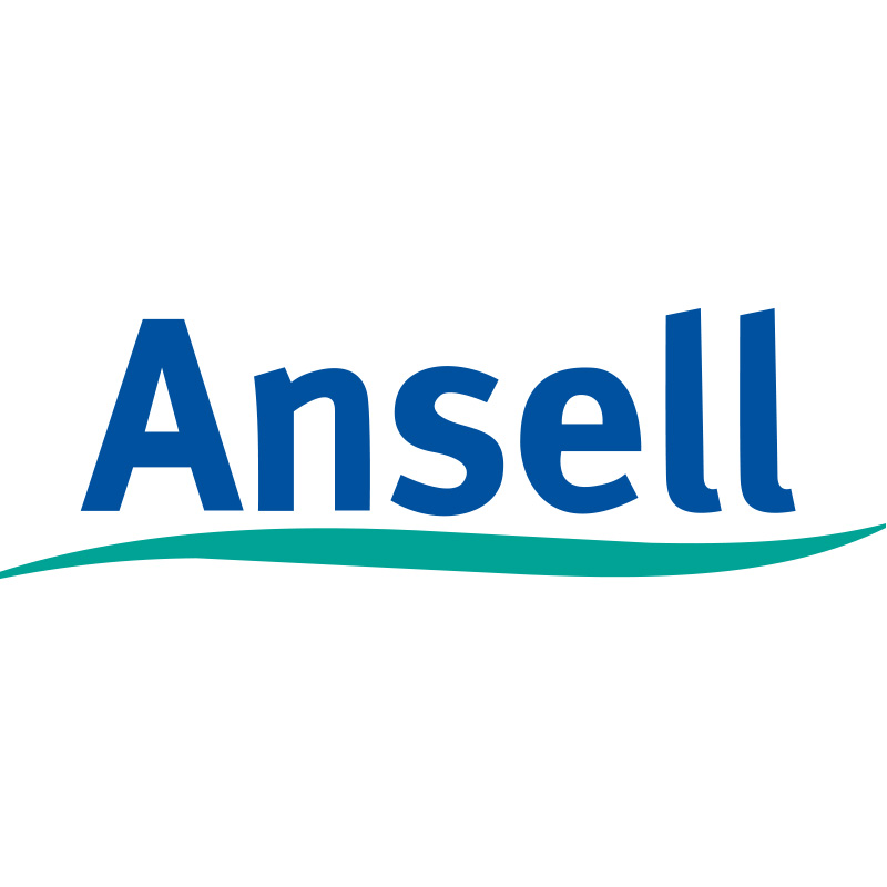 Ansell Logo: dunkelblaue Schrift und darunter geschwungene, türkise Linie