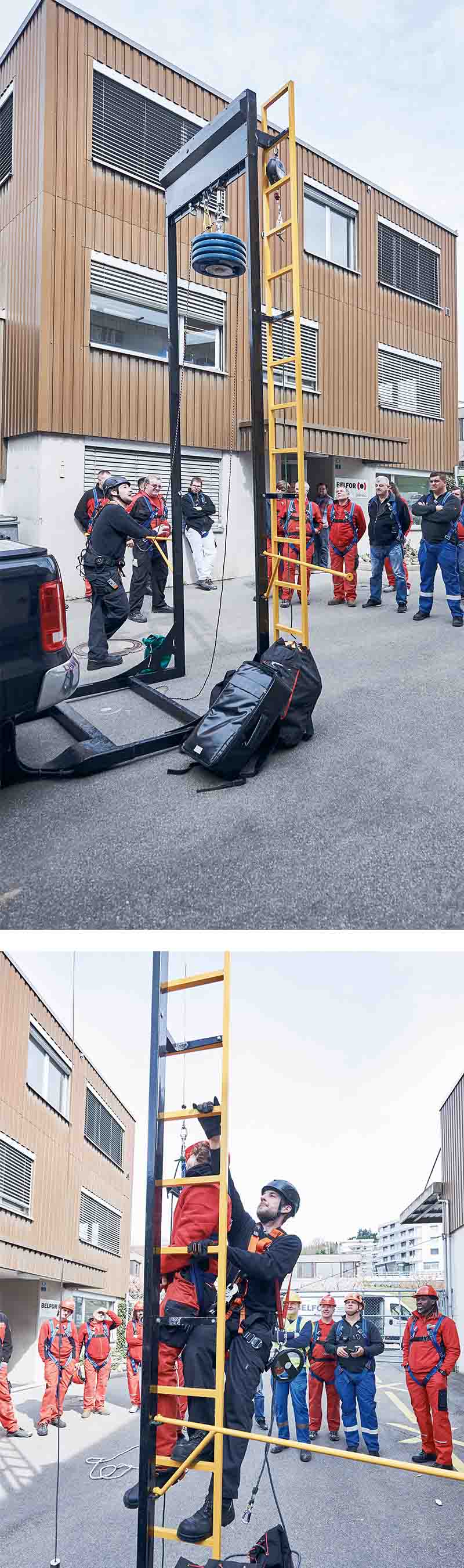 Zwei Bilder untereinander: Schulung von Absturzsicherung an einer gelben Leiter der mobilen Trainingsanlage von Certific