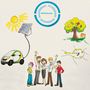 Nachhaltigkeit gezeichnet: Haberkorn "Nachhaltig handeln" Logo, Solarauto, Baum mit Helm, Ölfass und Maschinenelementen, Österreichflagge mit CO2-Fußabdruck, sechs glückliche Personen