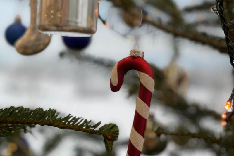 Close-Up Foto eines Weihnachtsbaums mit Lichterkette und Christbaumkugeln im Fokus ist eine weiß-rote Deko-Zuckerstange.