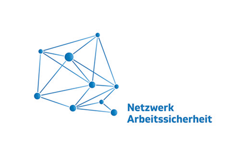 Logo bestehend aus blauen Linien und Punkten verbunden zu einer geografischen Form, daneben Netzwerk Arbeitssicherheit in blauer Schrift 