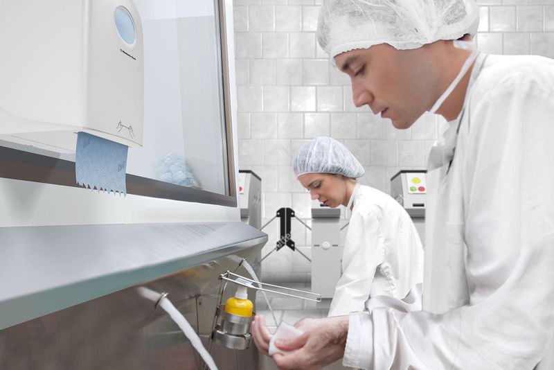 Mitarbeiterin und Mitarbeiter in weißer Schutzkleidung beim Händewaschen mit Kimberly-Clark-Produkten